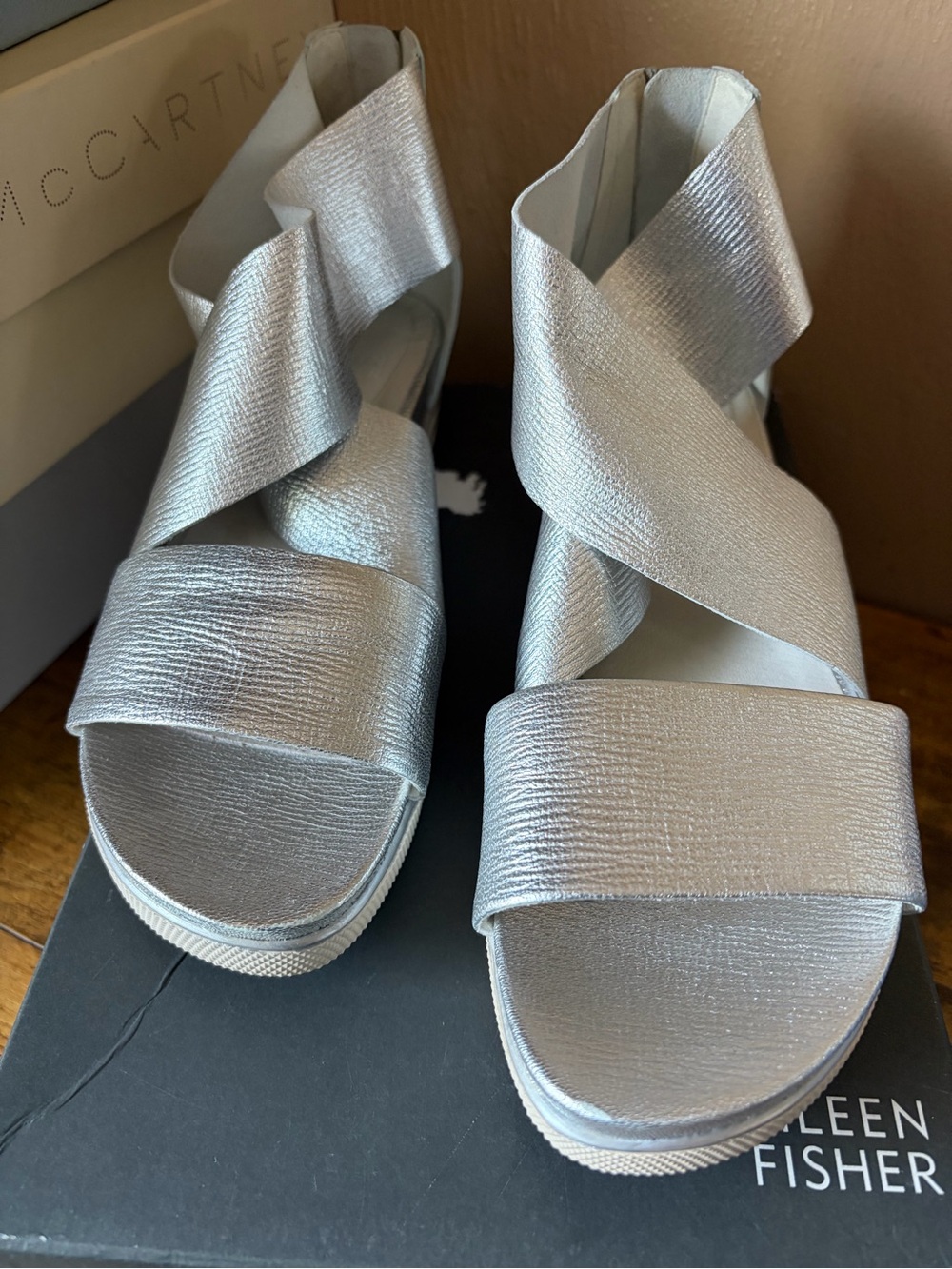 Eileen Fisher Metallic Silver Wrap Platform Sandals